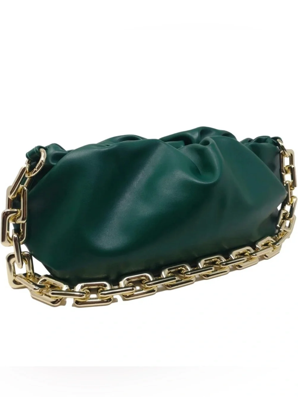 Cloud Shaped Dumpling Chain Ruched Pouch Clutch Purse Green with Chain Link